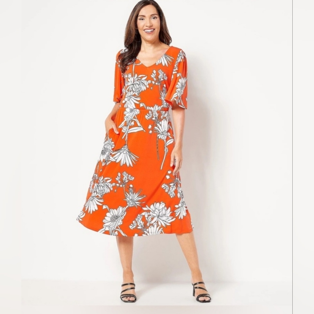 Girl with Curves Tall Knit Midi Dress with Flutter Sleeves Tangerine Floral